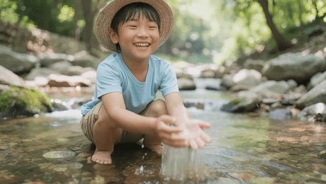 Boy splashing in a clear creek