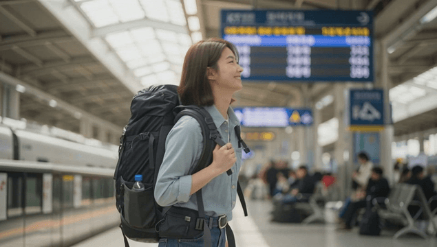 기차역에서 배낭을 멘 젊은 여성