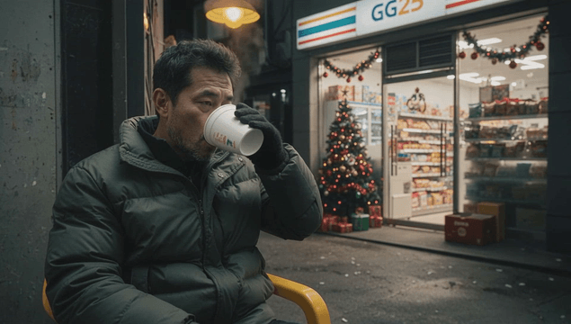 편의점 밖에서 따뜻한 커피를 즐기는 남자