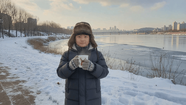 Child holding a warm cup by a snowy river