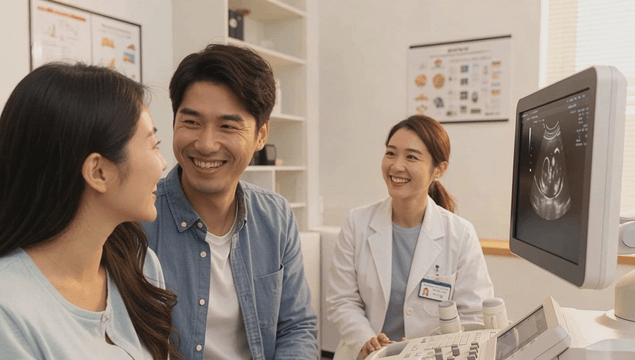 Couple viewing fetal ultrasound with doctor