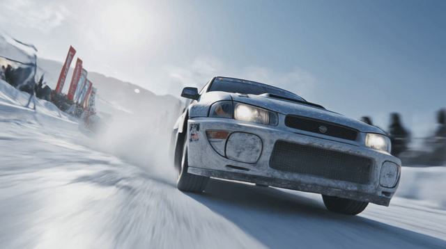 Car racing on a snow-covered track with cheering people