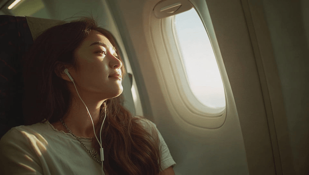 A woman enjoying a flight with sunlight