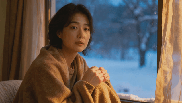 woman resting by a window overlooking a snowy landscape