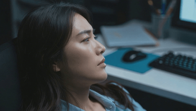 Tired office woman working late at her desk