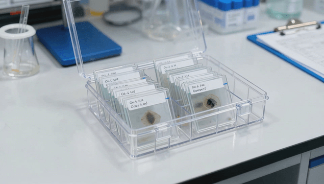 Organized microscope slides in laboratory