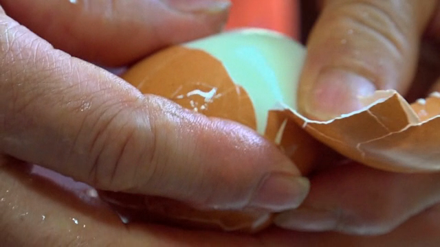 Peeling a boiled egg by hand