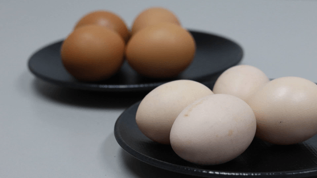 Two plates filled with brown and white eggs