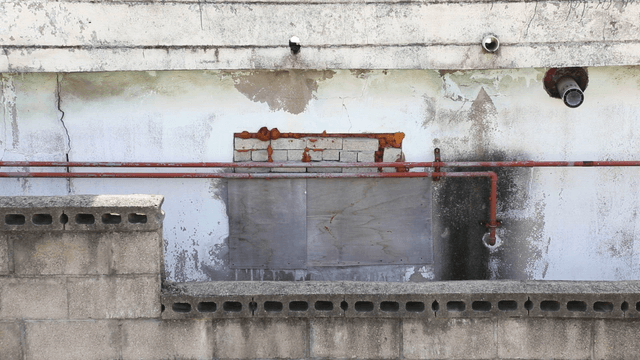 Old building wall with pipes and cracks