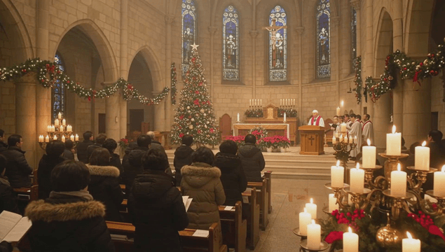Christmas mass inside decorated cathedral