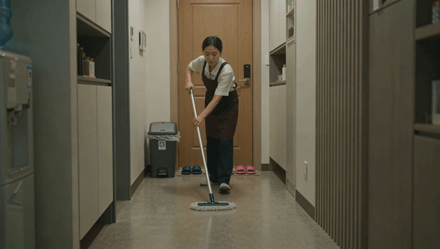 Janitor cleaning the hallway floor with a mop