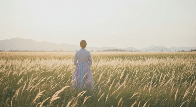 A woman in traditional dress in a field
