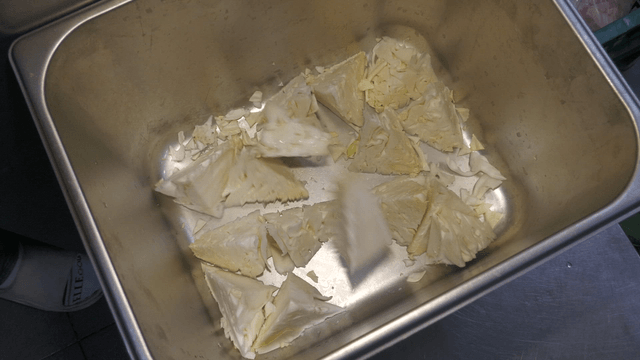 Cabbage core pieces placed on a tray