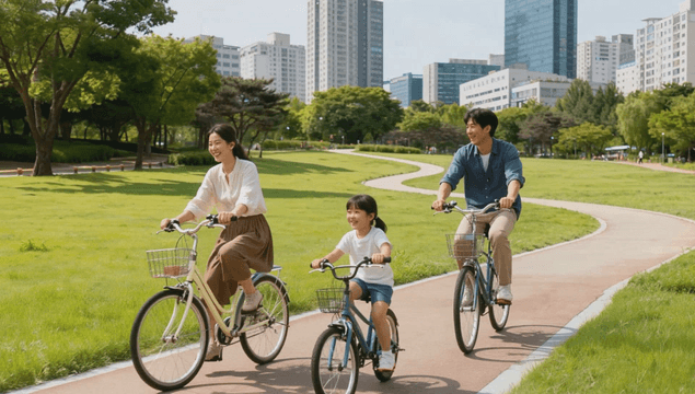 Family riding bicycles in a green lawn park amid the city