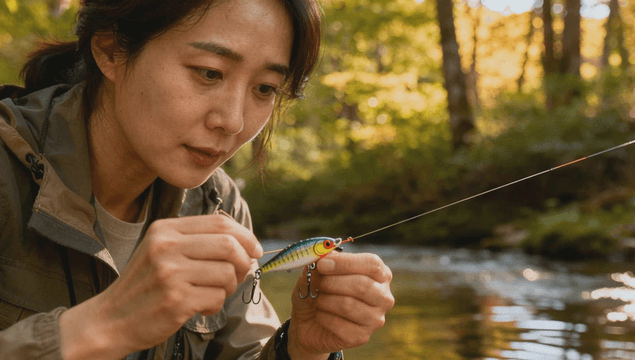 Woman preparing fishing bait by stream