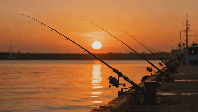 Fishing rods lined up at sunset