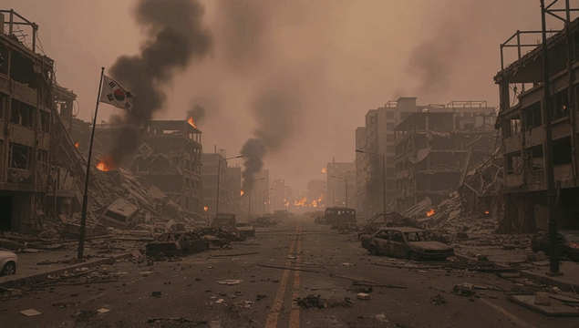 Devastated street with smoke rising