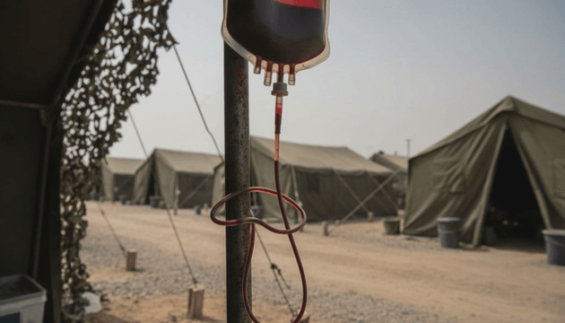 Blood transfusion bag hanging in a military camp