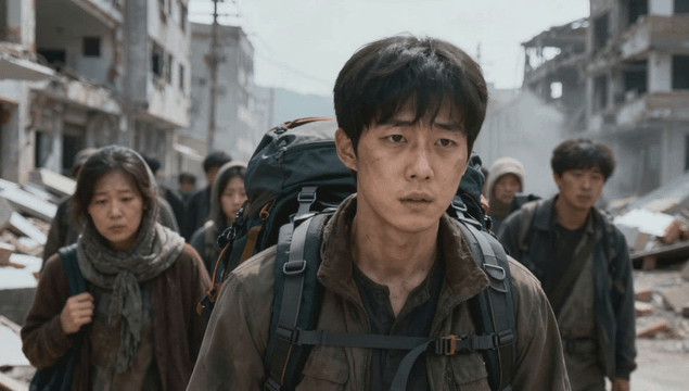 Refugees walking through a ruined street