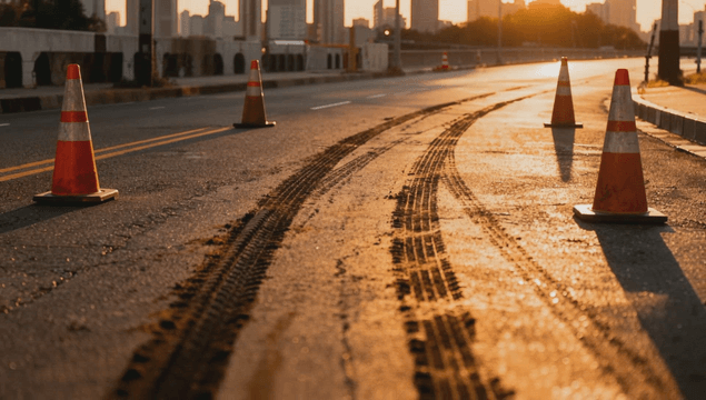 Road with tire marks and cones at dusk