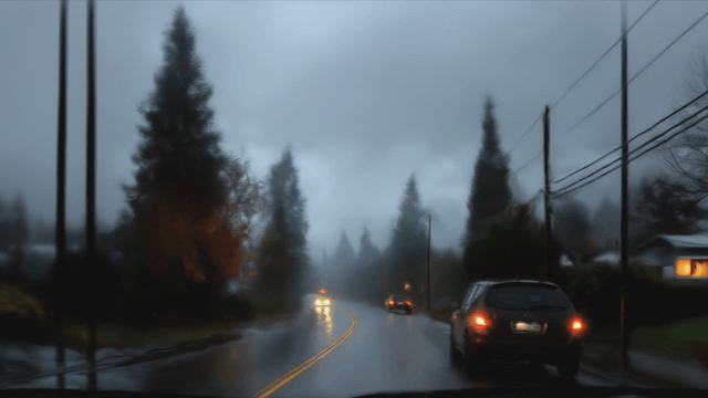 Rainy drive on a misty forest road