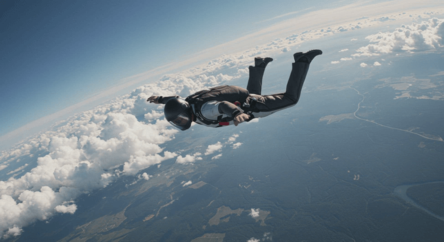 Skydiver freefalling through the clouds