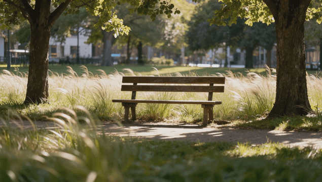 Peaceful park bench under trees