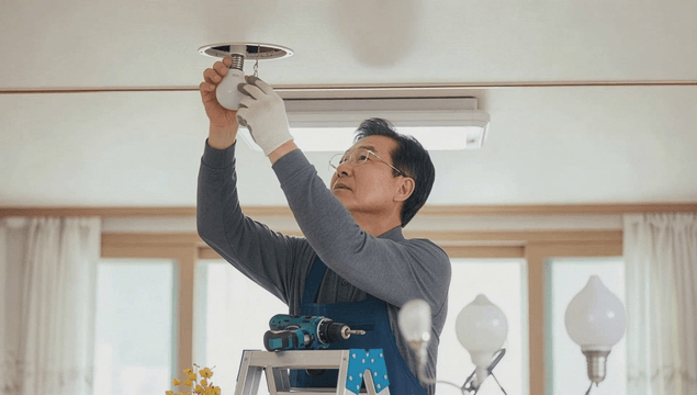 Worker replacing ceiling light bulb at home