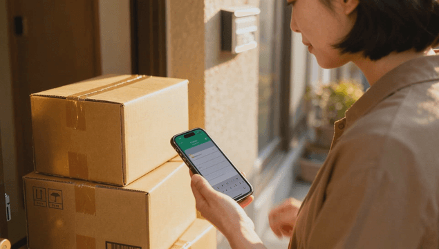 Woman checking a delivery in front of her house with a smartphone
