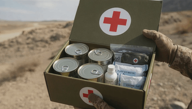 Military first aid kit held in a desert landscape