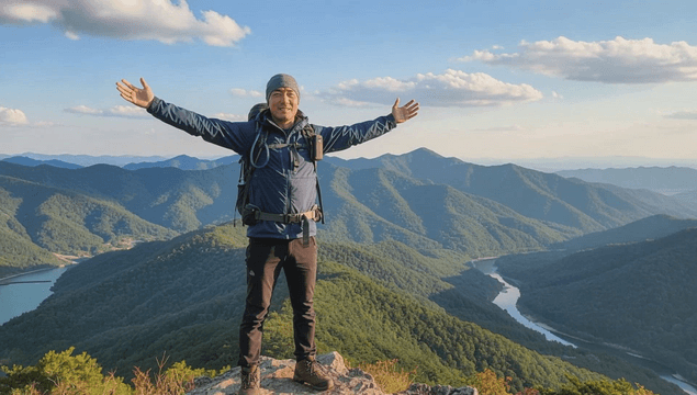 Man hiker enjoying scenery at summit