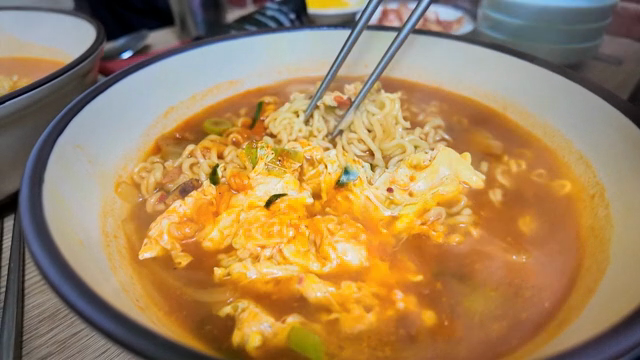 Korean ramyeon with egg in a bowl