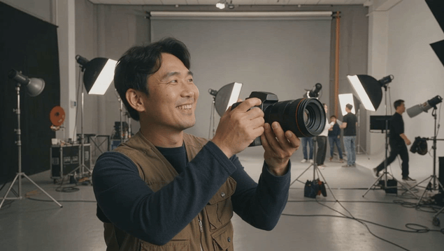 Smiling photographer facing professional studio