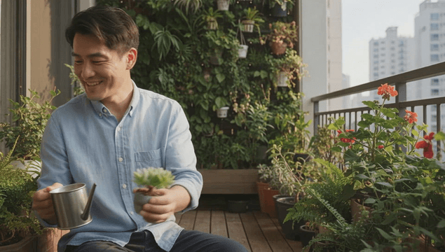 Middle-aged man watering plants on sunlit apartment balcony