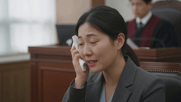 Woman wiping tears in courtroom