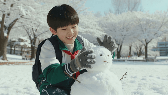 Boy building a snowman in a snow-covered park