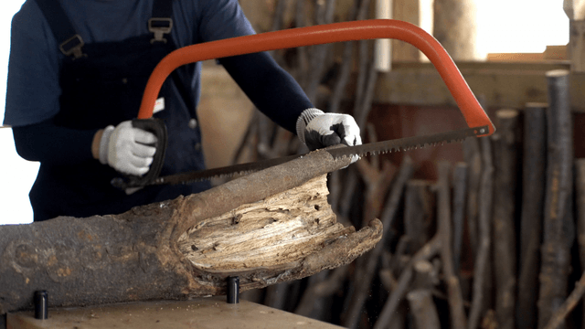 Carpenter sawing a log in workshop