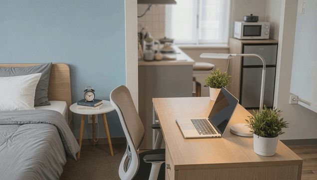 Cozy bed and desk with a laptop