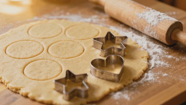 Cookie dough with cutters on a wooden board