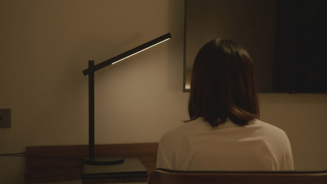Back view of a woman sitting at a desk