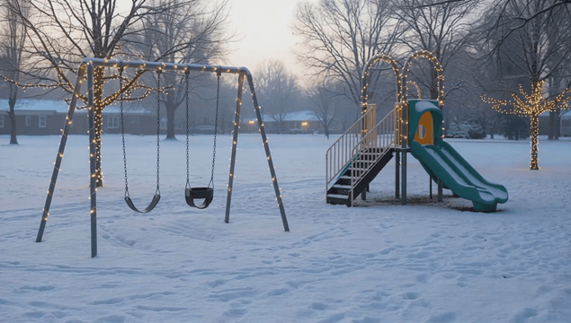 눈 덮인 놀이터와 크리스마스 조명