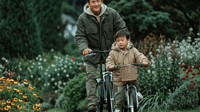 Father and son riding bicycles in a garden