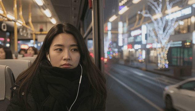 A woman listening to music on a bus