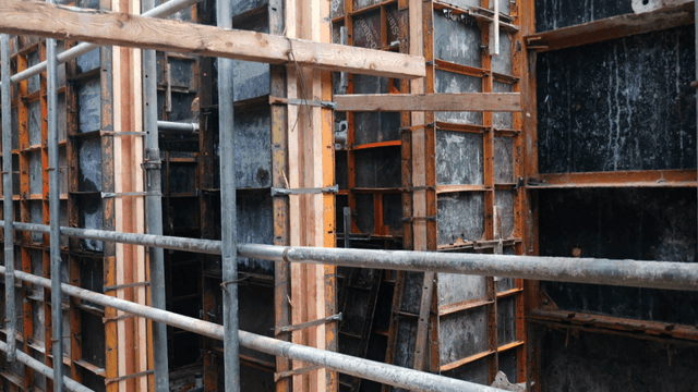 Construction site with metal scaffolding