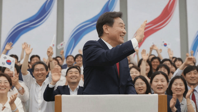 Politicians shaking hands on a podium at a national event