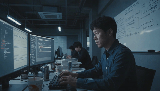 Programmers coding late at night in an office