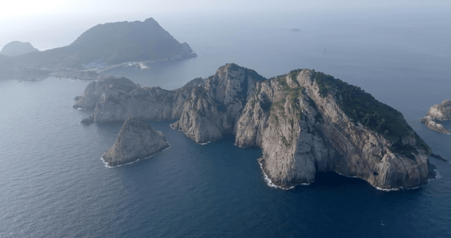Aerial view of rocky islands and sea