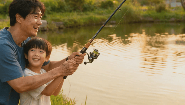 Father and son fishing at a quiet pond
