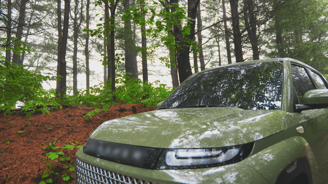 A car parked on a forest path