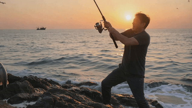 Man celebrating a big catch at the sea at dusk